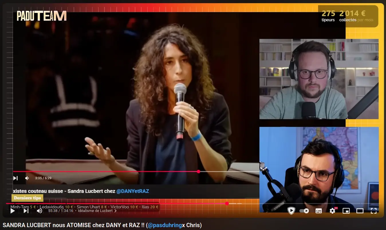 Capture d'écran de la vidéo YouTube titrée « SANDRA LUCBERT nous ATOMISE chez DANY et RAZ !! (‪@pasduhring ‬x Chris) ».